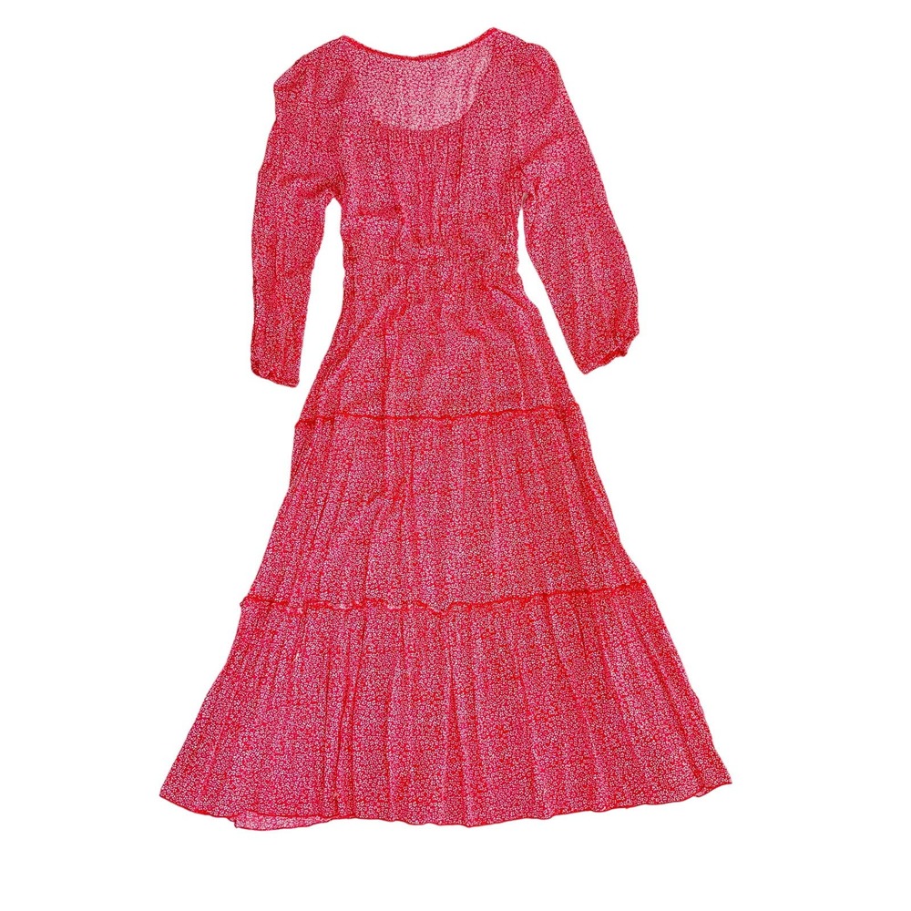 Ditsy Floral Red + White Boho Cottage Peasant Tiered Maxi Dress XL